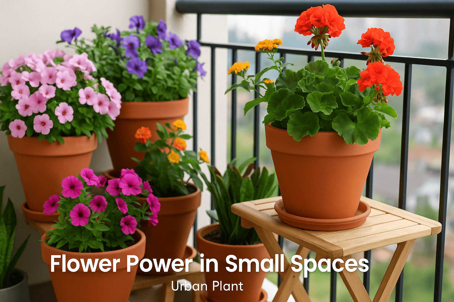 Vibrant flowering planters bring color and life to a tiny balcony.